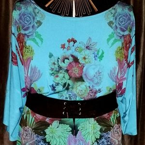 Yummy Plus Floral Blouse  3x  Teal/Multi